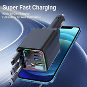 140W 7In1 Fast Car Charger Adapter with Retractable Type-C Cables,Led Display,Ambient Light Multi-Port Usb Charging 180 JJ2234