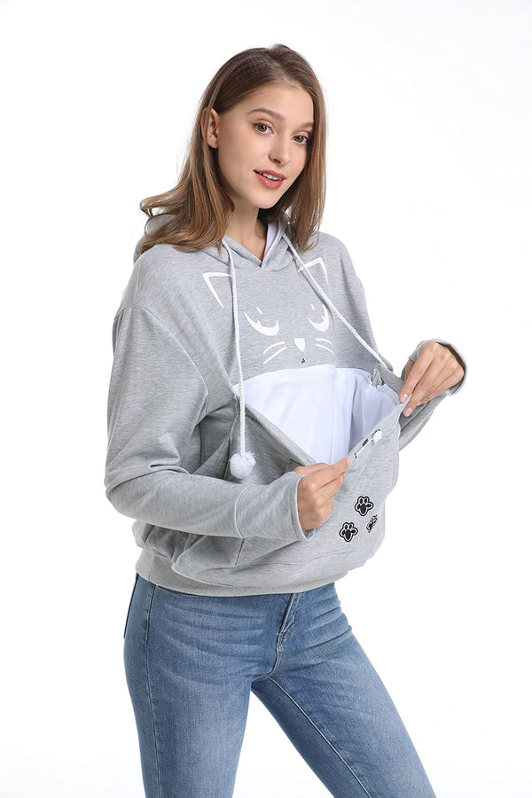 Unisex Hoodies Pet Holder Cat Dog Kangaroo Pouch Carries Pullover with Cat Printing Sweatshirt (Light Grey, M)