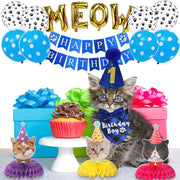 Cat Birthday Party Supplies, Cat Birthday Hat with Number Bandana Bow Tie Banner Balloons Meow Letter Balloons for Cats Kittens Decorations