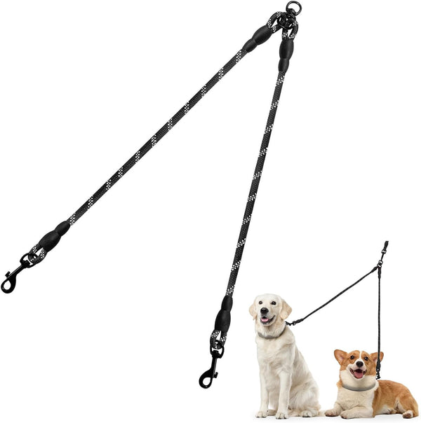 Double Dog Leash Coupler for Two Dogs, 1/3" Lightweight Dual Leash Extension for Small and Medium Dogs, No Tangle 360° Swivel, Reflective Rope, 30 Inch, Black