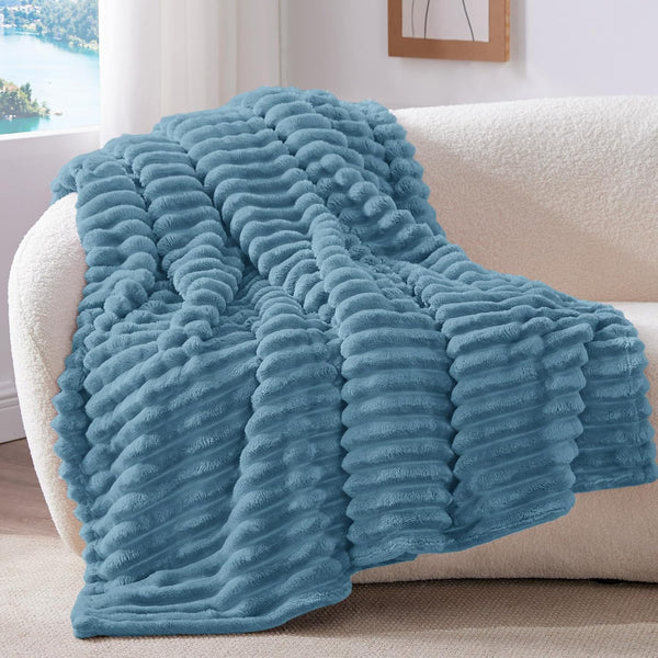 Ribbed Blue Throw Blanket for Couch, 50"X60"