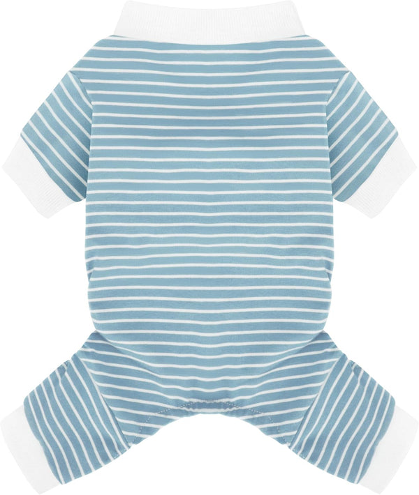 Blue Striped Dog Pajamas: 4-Legged Cotton Stretchable Jumpsuit Pjs - Lightweight Cozy Puppy Onesie Clothes, Comfortable Pet Sleepwear for Hair Shedding Coverage M