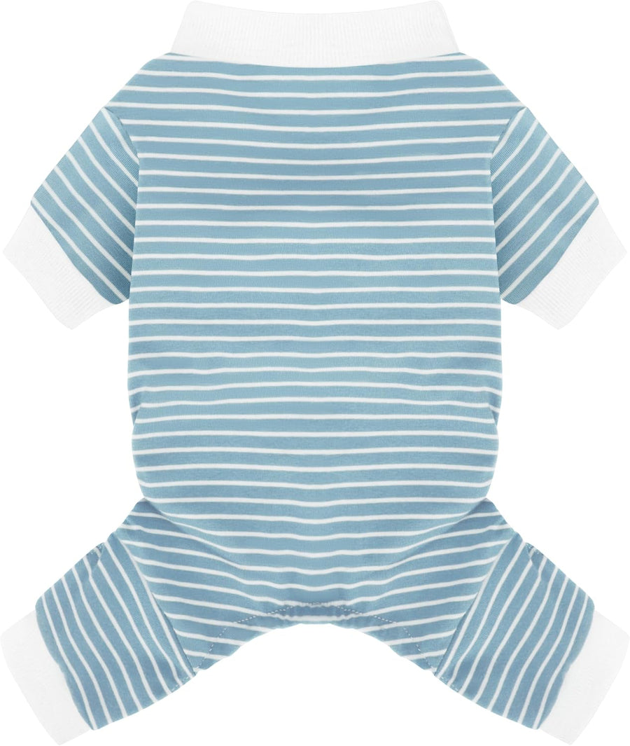 Blue Striped Dog Pajamas: 4-Legged Cotton Stretchable Jumpsuit Pjs - Lightweight Cozy Puppy Onesie Clothes, Comfortable Pet Sleepwear for Hair Shedding Coverage M