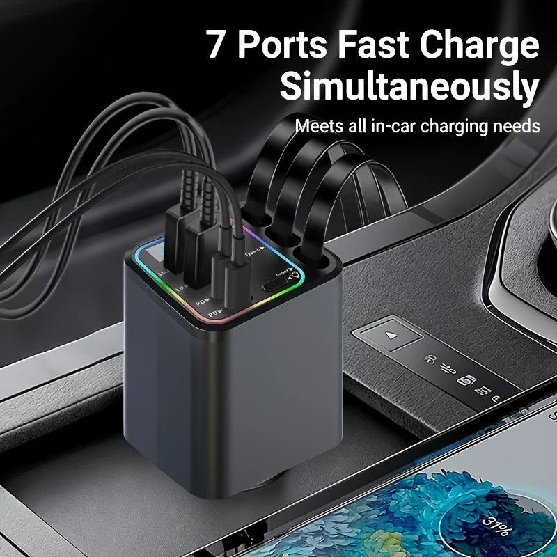 140W 7In1 Fast Car Charger Adapter with Retractable Type-C Cables,Led Display,Ambient Light Multi-Port Usb Charging 180 JJ2234