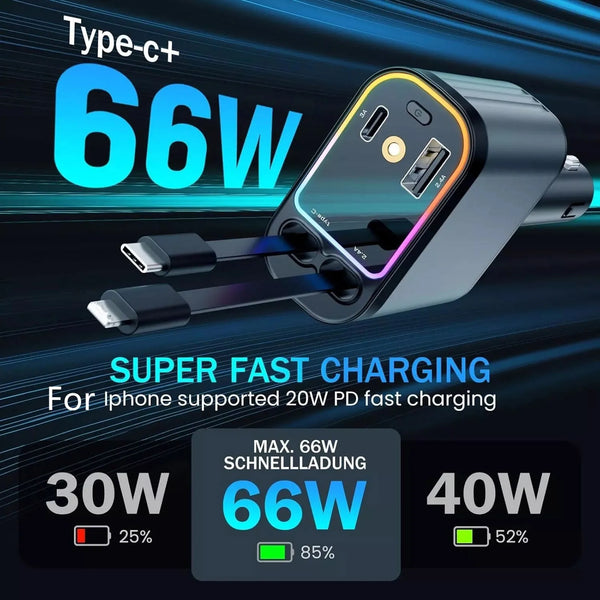 1Pc 66W Car Retractable Fast Charger with Starlight for Iphone for Android Type-C USB Charger Dual USB Ports Car Charger Adapter